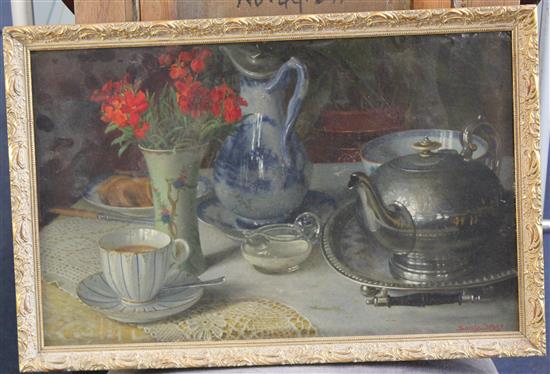 William Savage Cooper (fl.1880-1926) Tea table still life, 11.5 x 18.5in.